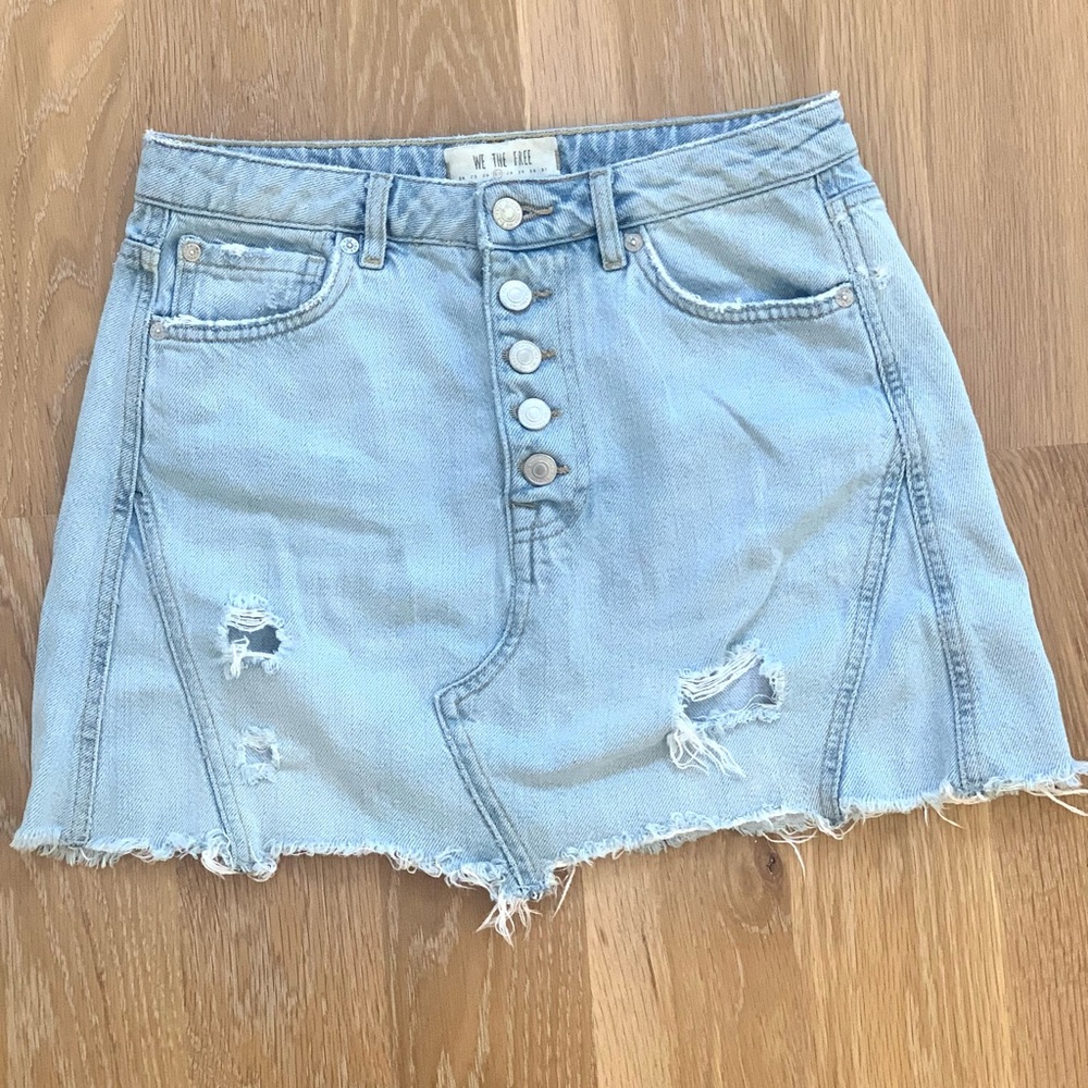 Free People, We The Free - Distressed Jean Skirt, Raw Hem, Denim A-Line, Size 27